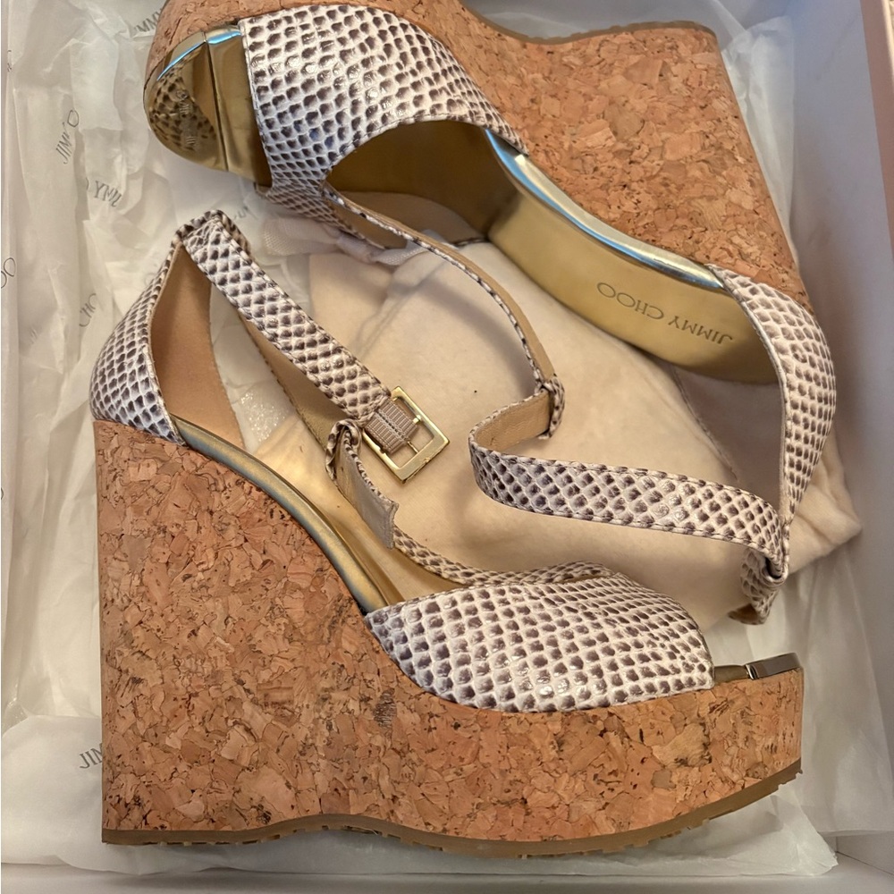Jimmy Choo Snakeskin and Cork Wedge Sandals